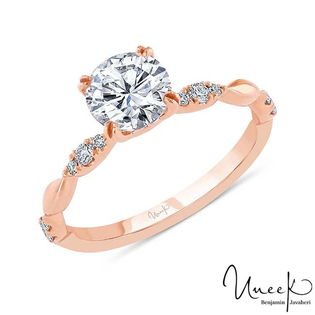 Uneek Us Collection Round Diamond Engagement Ring with Navette-Shaped Cluster Accents, in 14K Rose Gold Style SWUS334R-6.5RD