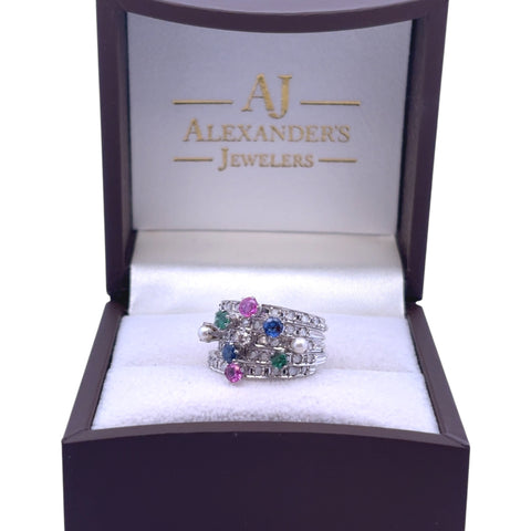 ady's 18K Wg Vintage Harem Fashion Ring with Diamond slices, Ruby, Emerald, Sapphire, Pearl and Diamonds