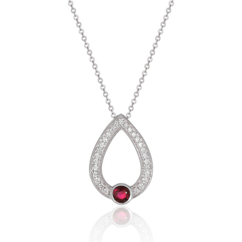 Luvente 14K white gold necklace with diamonds and a ruby