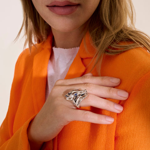 John Hardy Naga Silver Ring with Blue Sapphire