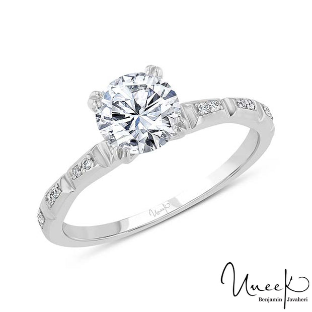 Uneek Us Collection Round Diamond Engagement Ring with Baguette-Illusion Round Diamond Cluster Accents, in 14K White Gold. Style SWUS001W-6.5RD