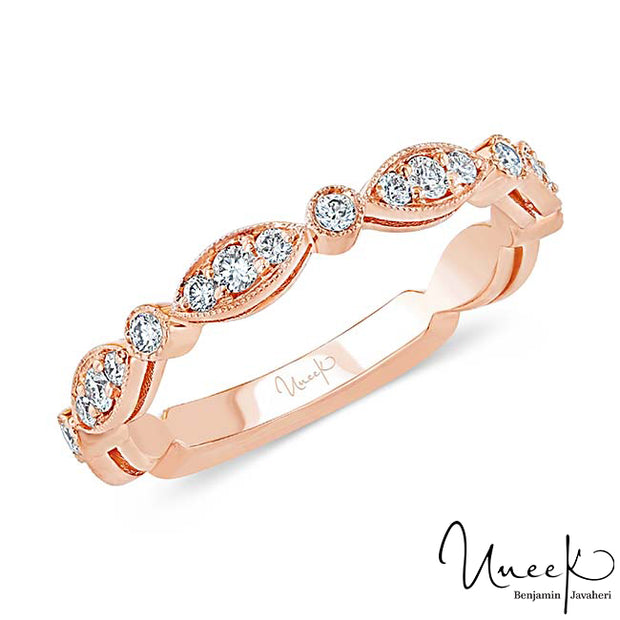 Uneek Us Collection Diamond Wedding Band with Milgrain-Trimmed Marquise-Shaped Clusters and Round Bezel Stations, in 14K Rose Gold Style SWUS013BR