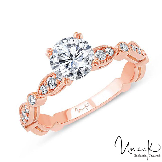 Uneek Us Collection Round Diamond Engagement Ring with Milgrain-Trimmed Marquise-Shaped Clusters and Round Bezel Stations, in 14K Rose Gold Style SWUS013R-6.5RD