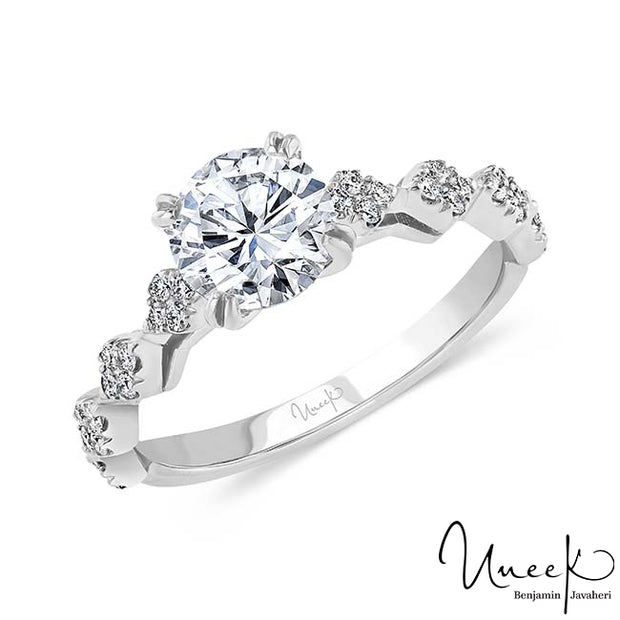 Uneek Us Collection Round Diamond Cathedral Setting Engagement Ring, with Diamond-Shaped Cluster Accents, in 14K White Gold Style SWUS122CW-6.5RD