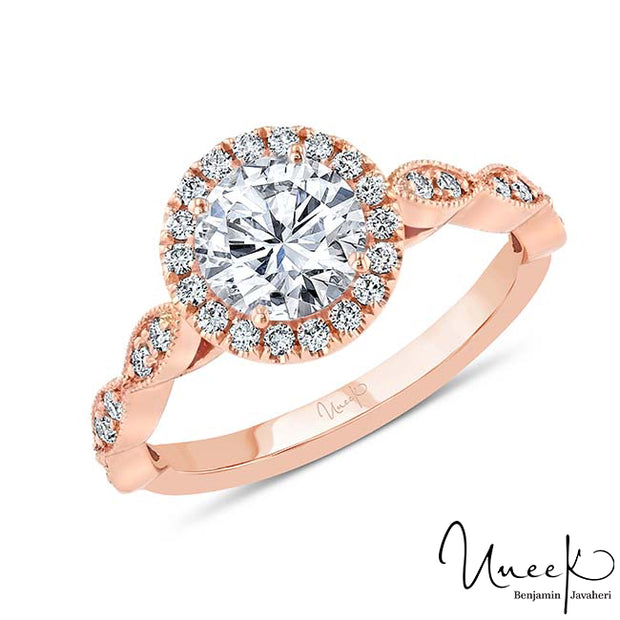 Uneek Us Collection Round Diamond Halo Engagement Ring, with Milgrain-Trimmed Marquise-Shaped Clusters, in 14K Rose Gold Style SWUS188RDR-6.5RD