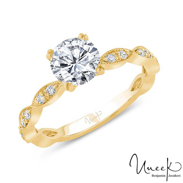Uneek Us Collection Round Diamond Engagement Ring with Milgrain-Trimmed Marquise-Shaped Clusters, in 14K Yellow Gold Style SWUS188Y-6.5RD