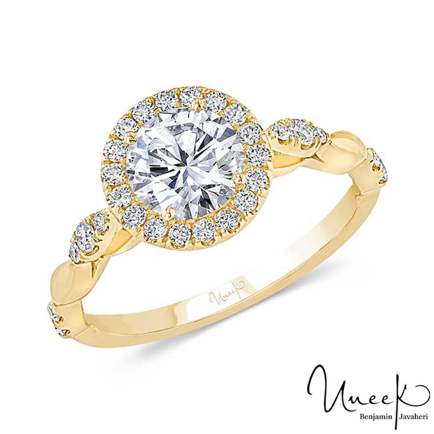 Uneek Us Collection Round Diamond Halo Engagement Ring, with Navette-Shaped Cluster Accents, in 14K Yellow Gold Style SWUS334RDY-6.5RD
