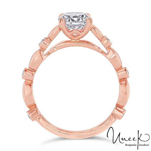 Uneek Us Collection Round Diamond Cathedral Setting Engagement Ring, with Bezel Accents and High-Polish Navette-Shaped Beads, in 14K Rose Gold Style SWUS782CR-6.5RD