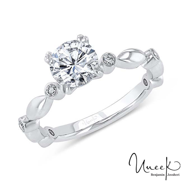Uneek Us Collection Round Diamond Engagement Ring with Bezel Accents and High-Polish Navette-Shaped Beads, in 14K White Gold Style SWUS782W-6.5RD