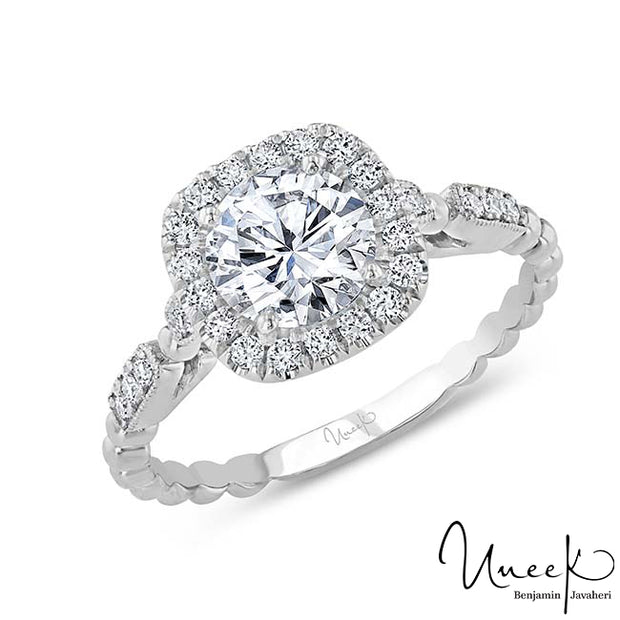 Uneek Us Collection Round Diamond Halo Engagement Ring, with High Polish Bead Accents and Milgrain-Trimmed Pave Bars, in 14K White Gold Style SWUS837CUW-6.5RD