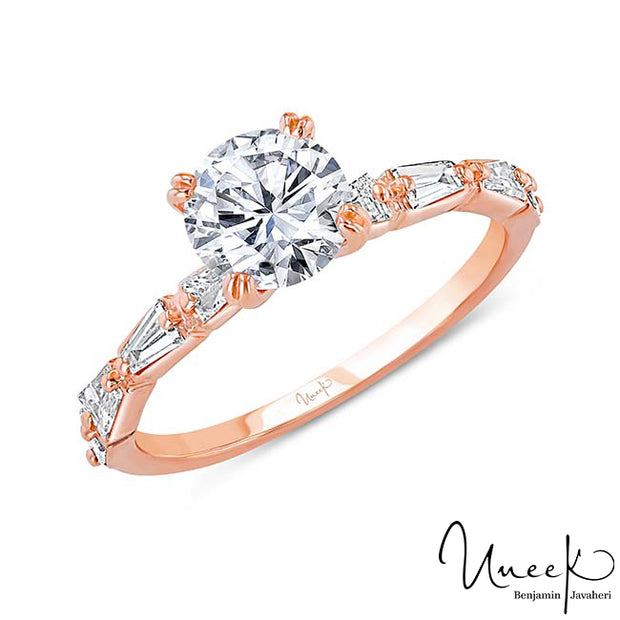 Uneek Us Collection Round Diamond Engagement Ring with Tapered Baguette Diamond Accents, in 14K Rose Gold Style SWUS9573R-6.5RD