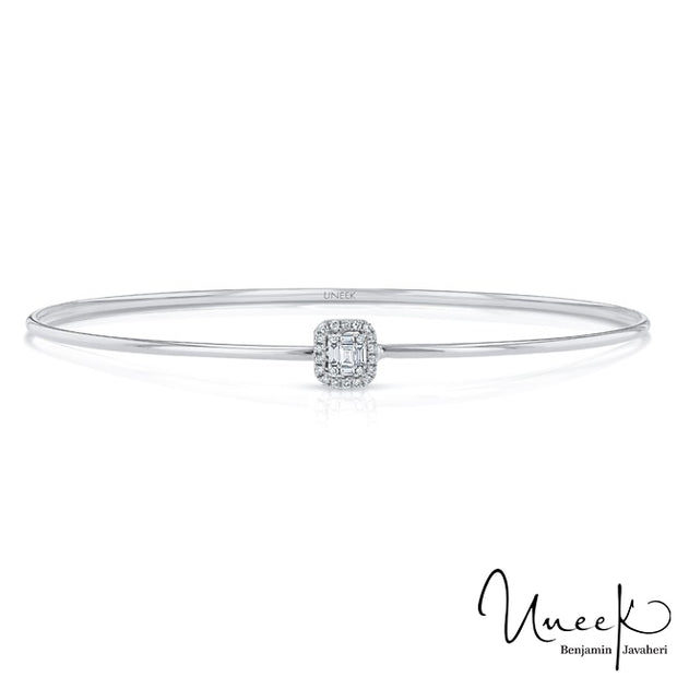 Uneek "Linden" Skinny Bangle with Emerald-Shaped Diamond Cluster and Halo Accent, in 14K White Gold Style LVBAWA8111W