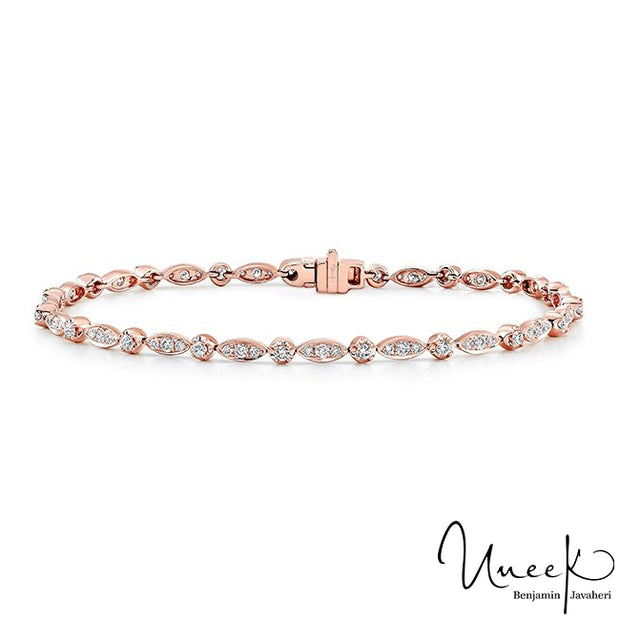 Uneek 14K Rose Gold Diamond Bracelet with Navette-Shaped Clusters and Round Bezel Accents Style LVBRW509R
