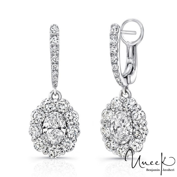 Uneek Oval Diamond Drop Earrings with Scallop-Illusion Diamond Halos, in 18K White Gold Style LVE1015OV