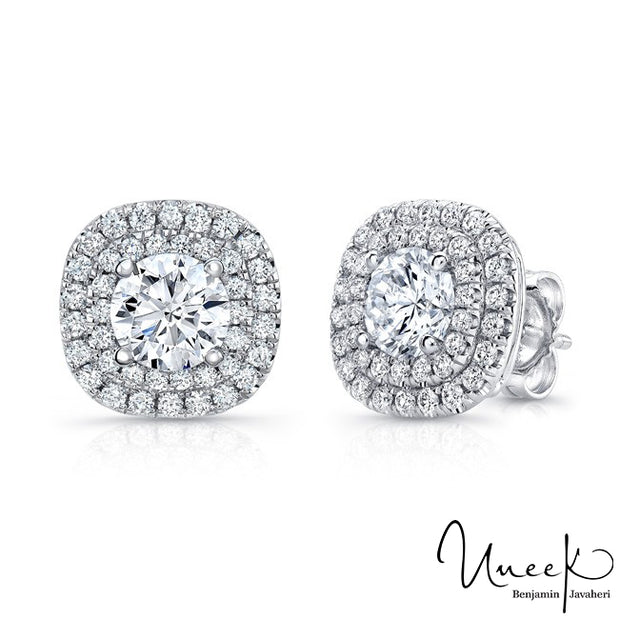 Uneek Round Diamond Stud Earrings with Dreamy Cushion-Shaped Double Halos Style LVE923W-5.0RD
