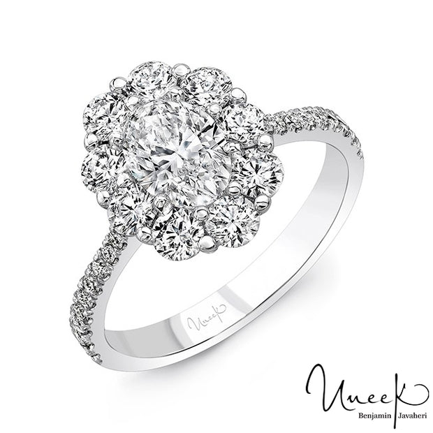 Uneek Oval Diamond Engagement Ring Petals Collection Round Diamond Halo, in 18K White Gold Style LVS1015OV