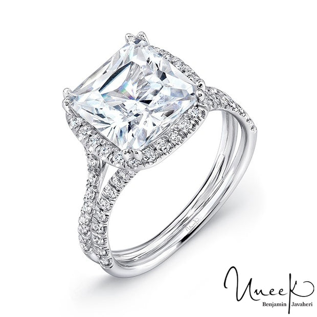 Uneek 3-Carat Cushion-Cut Diamond Halo Engagement Ring with Pave Double Shank, in 14K White Gold Style LVS854