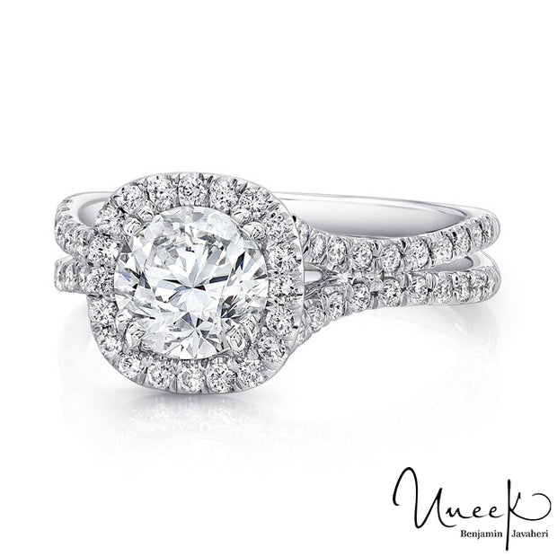 Uneek Round Diamond Engagement Ring with Cushion-Shaped Halo and Pave Double Shank, in 14K White Gold Style LVS898