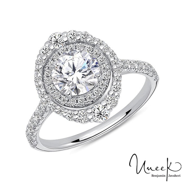 Uneek Petals Design Round Diamond Engagement Ring with Double Halo and Pave Diamond Shank in 14K White Gold Style SWS232DHDS-6.5RD