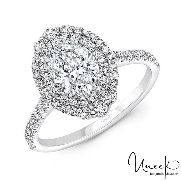 Uneek Petals Design Oval Diamond Engagement Ring with Double Halo and Pave Diamond Shank in 14K White Gold Style SWS232DHDS-7X5.5OV