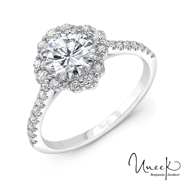 Uneek Petals Design Round Diamond Engagement Ring with Pave Diamond Shank in 14K White Gold Style SWS234DSW-6.5RD