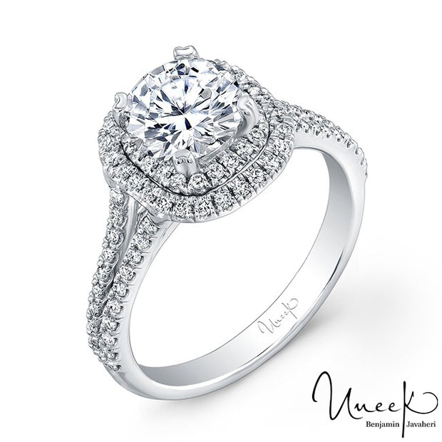 Uneek Round Diamond Engagement Ring with Dreamy Cushion-Shaped Double Halo and Split Upper Shank, in 14K White Gold Style USM022DCU-6.0RD