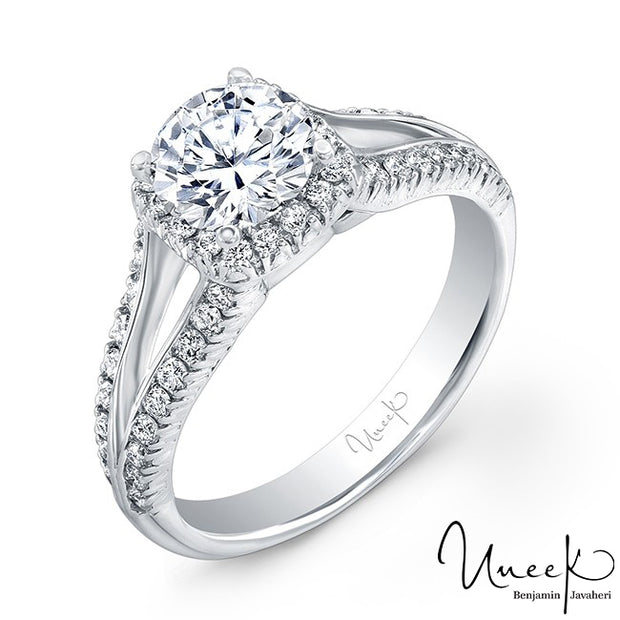 Uneek Round-Diamond-on-Cushion-Halo Engagement Ring with Peekaboo Split Upper Shank, in 14K White Gold Style USM027CU-5.0RD
