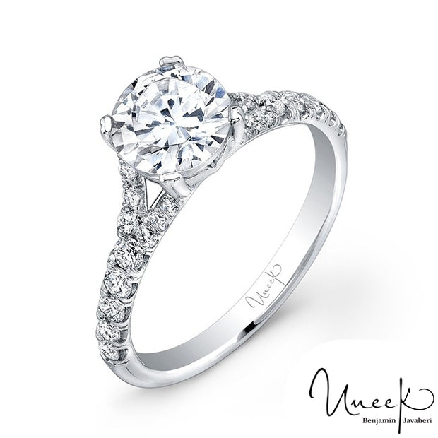 Uneek Contemporary Round Diamond No-Halo Engagement Ring with Split Upper Shank, in 14K White Gold Style USM09-6.5RD